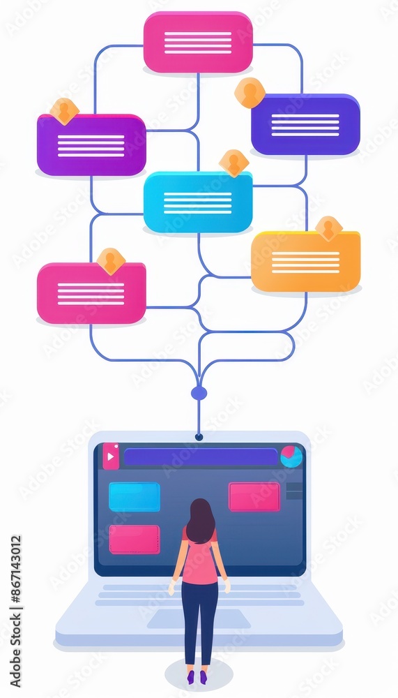 Poster woman using laptop visualizing information flow with data boxes, representing data management, organ