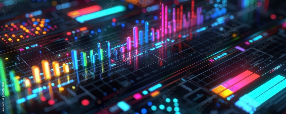Poster Vibrant digital data visualization with colorful graphs and charts on a futuristic interface, depicting big data analysis and technology.