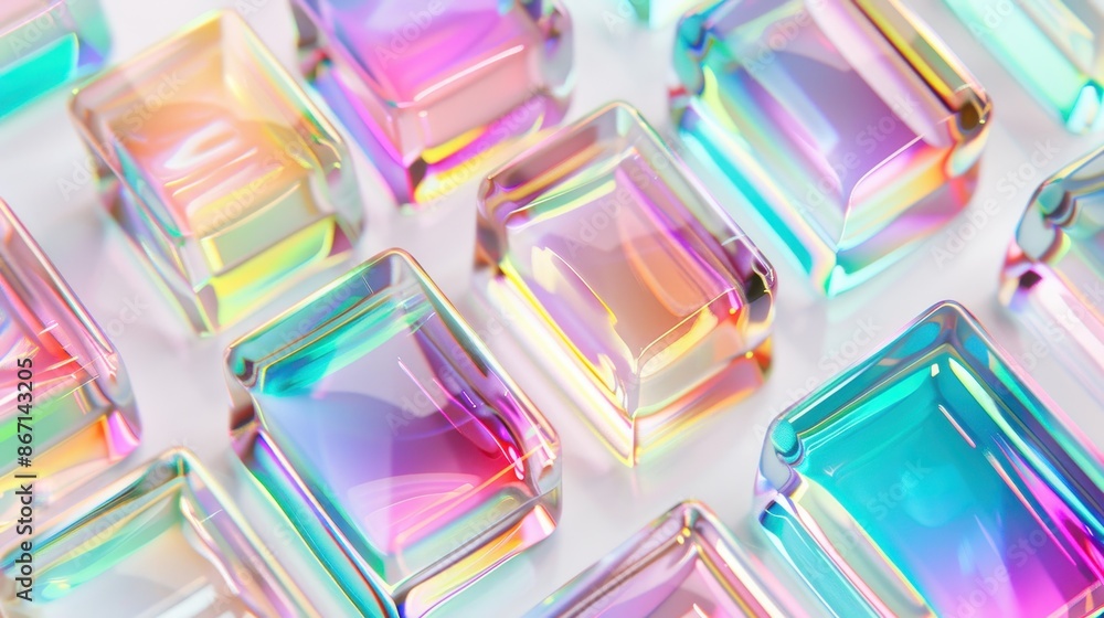 Aufkleber Vibrant iridescent glass blocks arranged in rows, creating a colorful and modern abstract background with reflective surfaces and pastel hues.