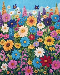 Vibrant digital painting of a colorful wildflower garden with butterflies and diverse blooming flowers against a blue sky.