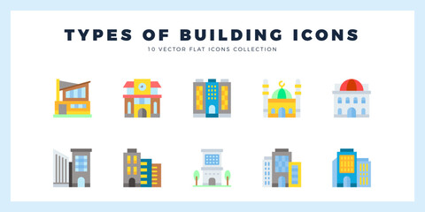 10 Types Of Building Flat icons pack. vector illustration.