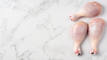 Skinless raw chicken legs on a clean white countertop, detailed textures, fresh and vibrant, kitchen preparation, culinary scene