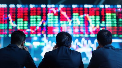 Obraz premium Three businesspeople analyzing stock market data on a large screen, focused on financial charts and market trends in a busy office setting.