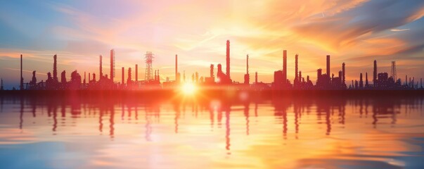 Stunning industrial skyline silhouetted against a vibrant sunset, reflected over calm water. Perfect for themes of industry and nature.