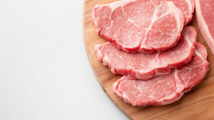Fototapeta premium Slices of raw pork loin ready for cooking, detailed marbling, fresh and vibrant, clean cutting board setting