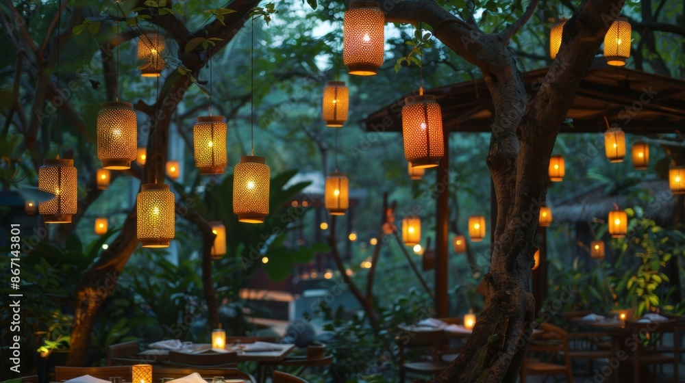 Poster wooden lanterns hang from tree branches casting a soft glow over the forest path dining area.