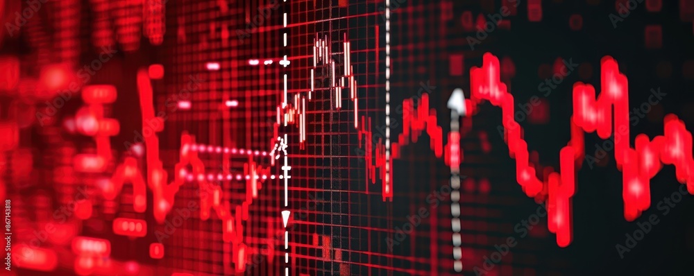 Poster red stock market chart with fluctuating prices symbolizing financial volatility and market trends on