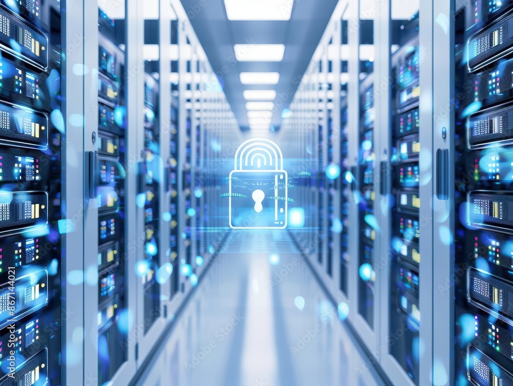 Poster modern data center with servers, showing network security with digital lock icon, representing cyber