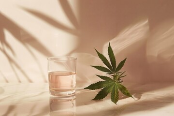 Leaf and drink casting shadows on a minimalistic clean background