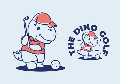 Character illustration design of a cute dino playing golf