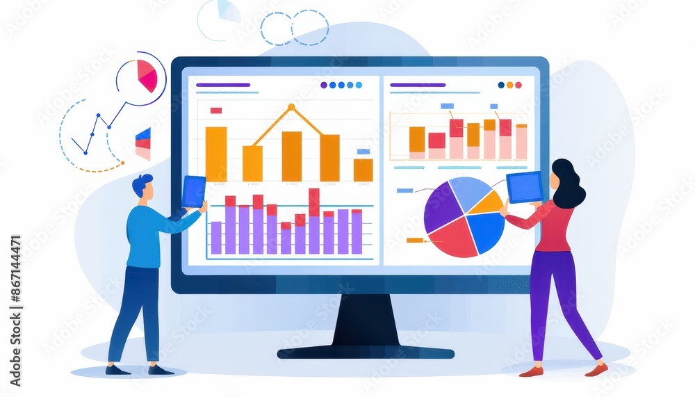 Poster illustration of two people analyzing data and charts on a large screen, showcasing business analytic