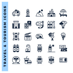 25 Travel and Tourism Lineal Fill icons pack. vector illustration.