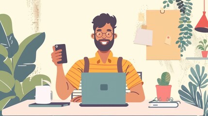 A Happy young businessman with smartphone and laptop computer