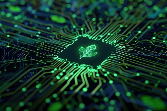 Green microchip with leaf design symbolizing eco-friendly technology and sustainable innovation in the tech industry.
