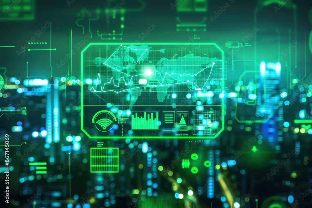 Poster futuristic technology interface overlaying a vibrant cityscape, highlighting data visualization and 