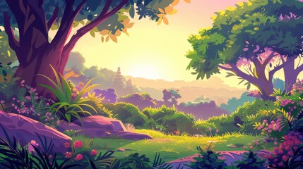 Fototapeta premium Enchanting cartoon forest landscape at sunset, with lush foliage, vibrant colors, and a peaceful atmosphere. Ideal for animation, children's books, and fantasy settings.