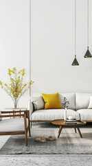 Minimalist living room interiors with rustic furniture, window lighting and copy space. Residential Real Estate composition in neutral tone.