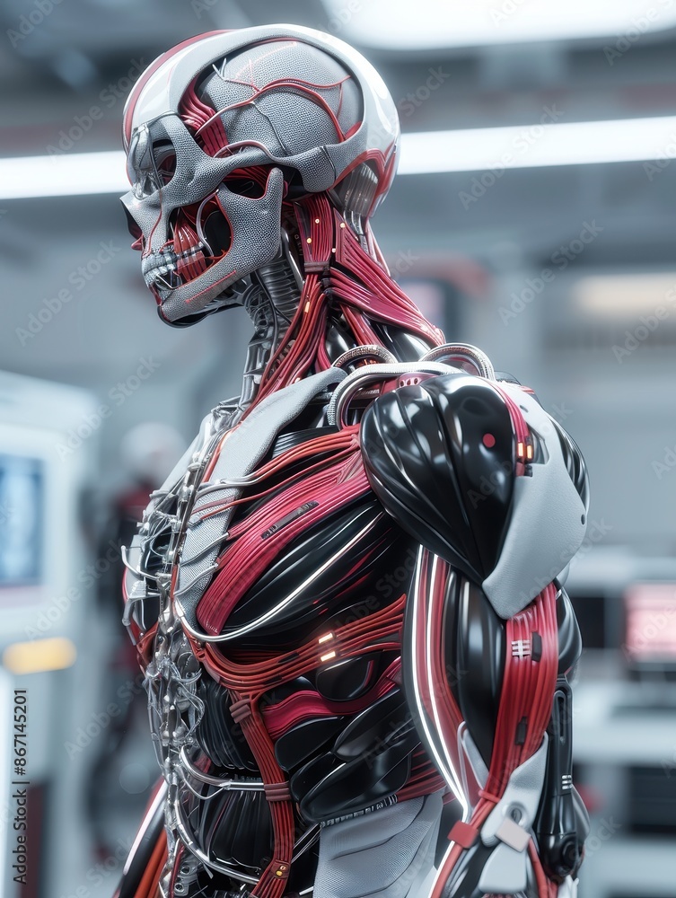 Aufkleber Futuristic robot displaying internal mechanisms, showing advanced technology in a modern lab setting. Sci-fi concept art of an android in detail.