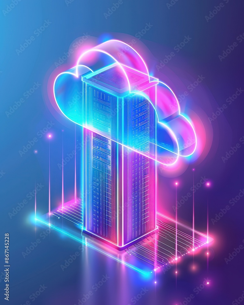 Poster Futuristic neon illustration of cloud computing system with skyscraper, digital technology concept symbolizing data storage and processing.