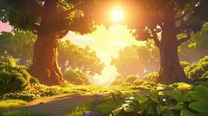 Golden sun shining through a lush green forest, illuminating a dirt path. Concept of nature, tranquility, serenity, and peace.