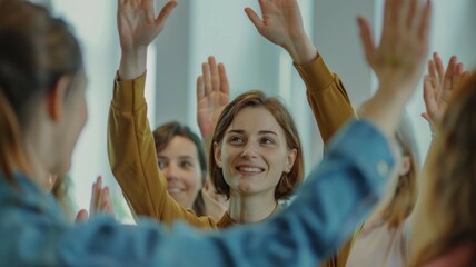 A cheerful group of people engaged in a high-energy team building activity, smiling and high-fiving. AIG53M