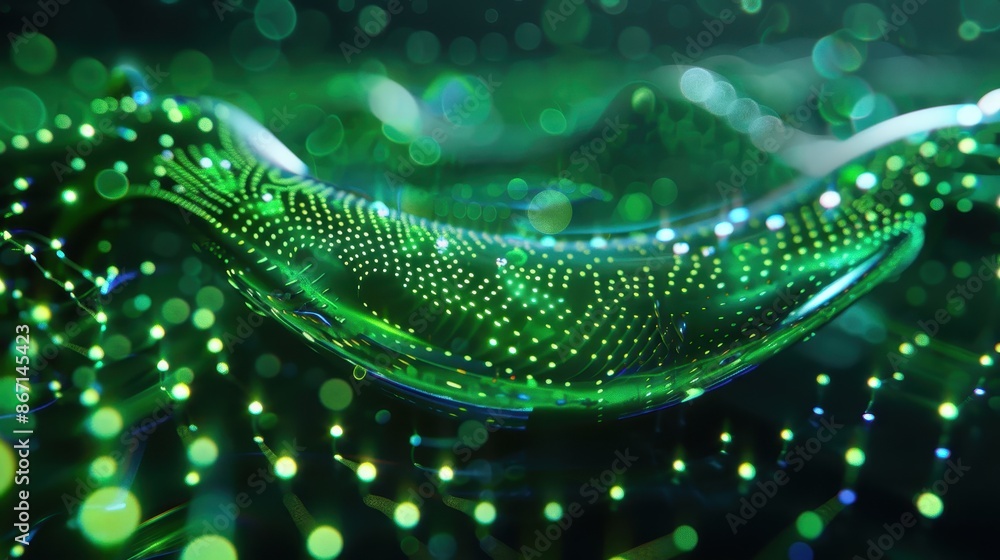 Poster Futuristic glowing green abstract background with digital dots and wave patterns representing technology and data flow