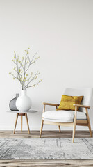 Fototapeta premium Minimalist living room interiors with rustic furniture, window lighting and copy space. Residential Real Estate composition in neutral tone.