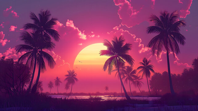 Gorgeous tropical sunset over beach with palm tree silhouettes Perfect for summer travel and vacation