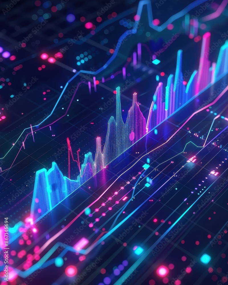 Poster Futuristic digital financial graph with glowing data analytics in vibrant neon colors on a dark background, representing market trends.