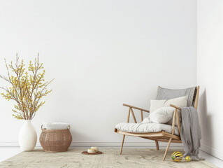 Minimalist living room interiors with rustic furniture, window lighting and copy space. Residential Real Estate composition in neutral tone.