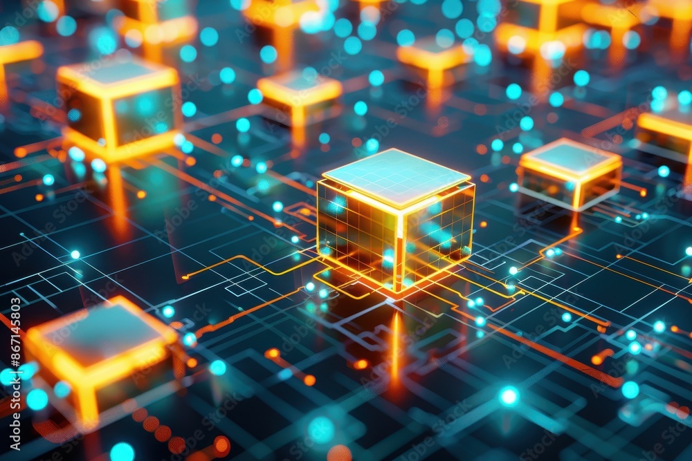 Aufkleber Futuristic digital blockchain technology concept with glowing cube-shaped data blocks connected in a network over a circuit board.
