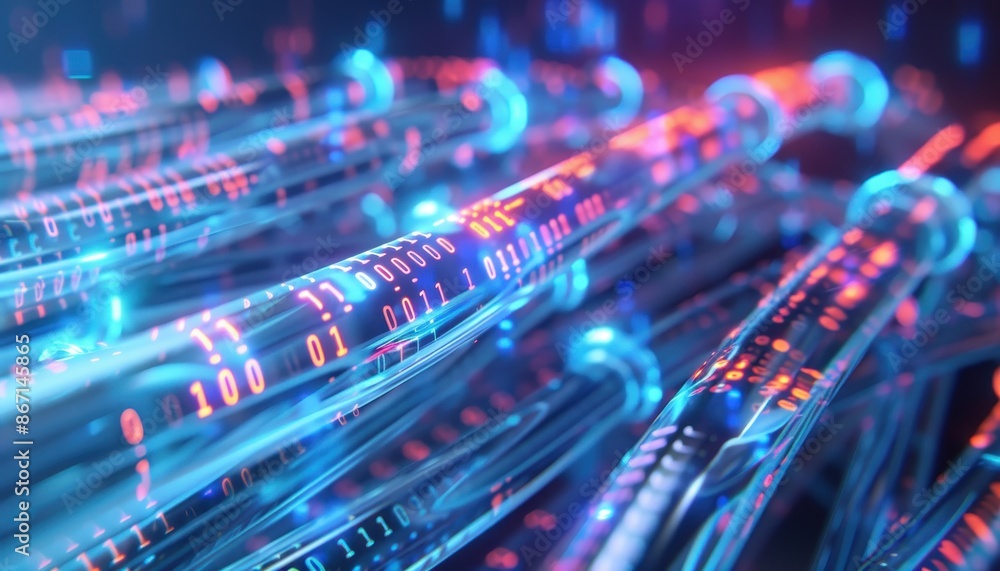 Poster futuristic data transmission concept with glowing digital codes, representing fast technology and mo