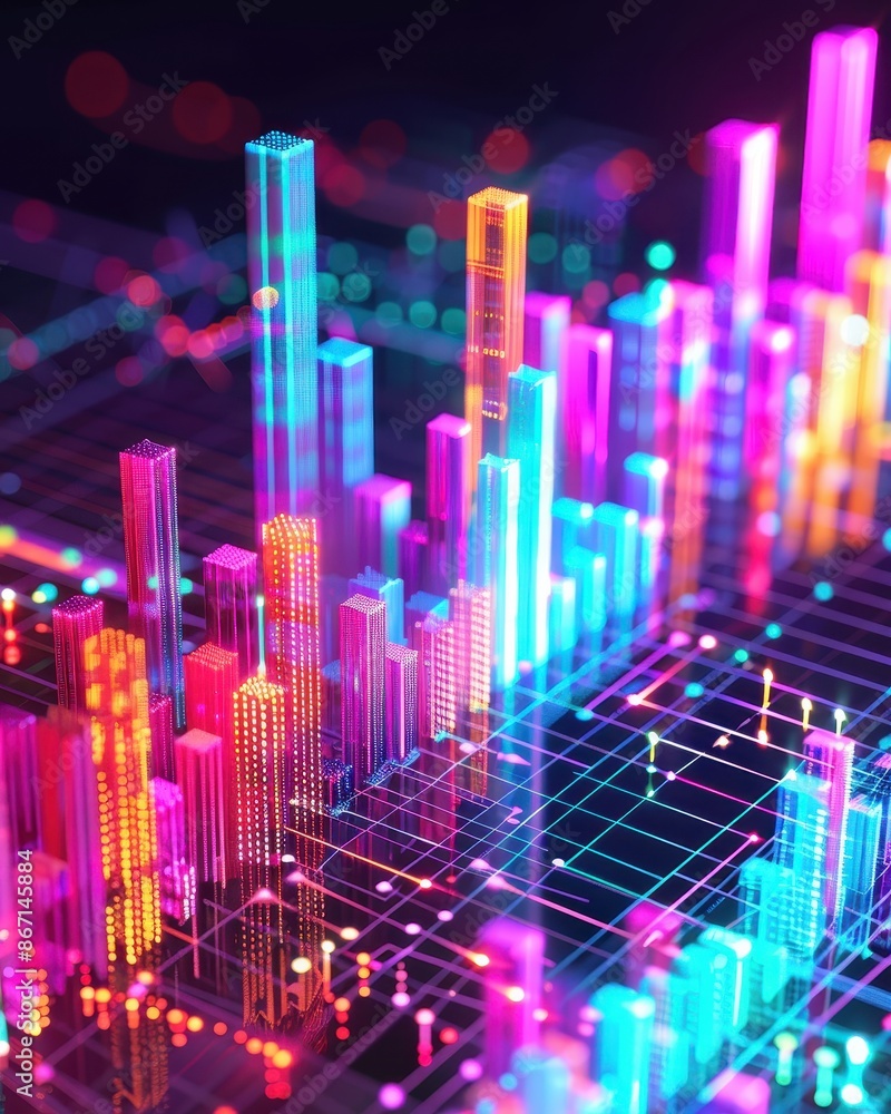 Aufkleber Futuristic data visualization with colorful neon graphs and charts, representing digital analytics and modern technology. Abstract background.