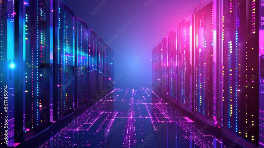 Poster futuristic data center with glowing server racks and vibrant lighting in blue and pink hues, symboli