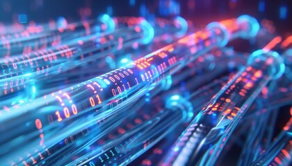 Futuristic data transmission concept with glowing digital codes, representing fast technology and modern data communication intertwined.