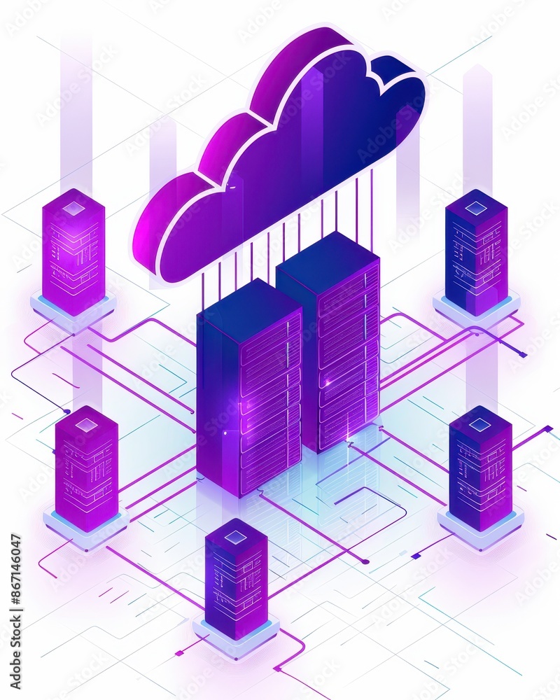 Poster futuristic cloud computing illustration showcasing data servers and digital connectivity in a vibran