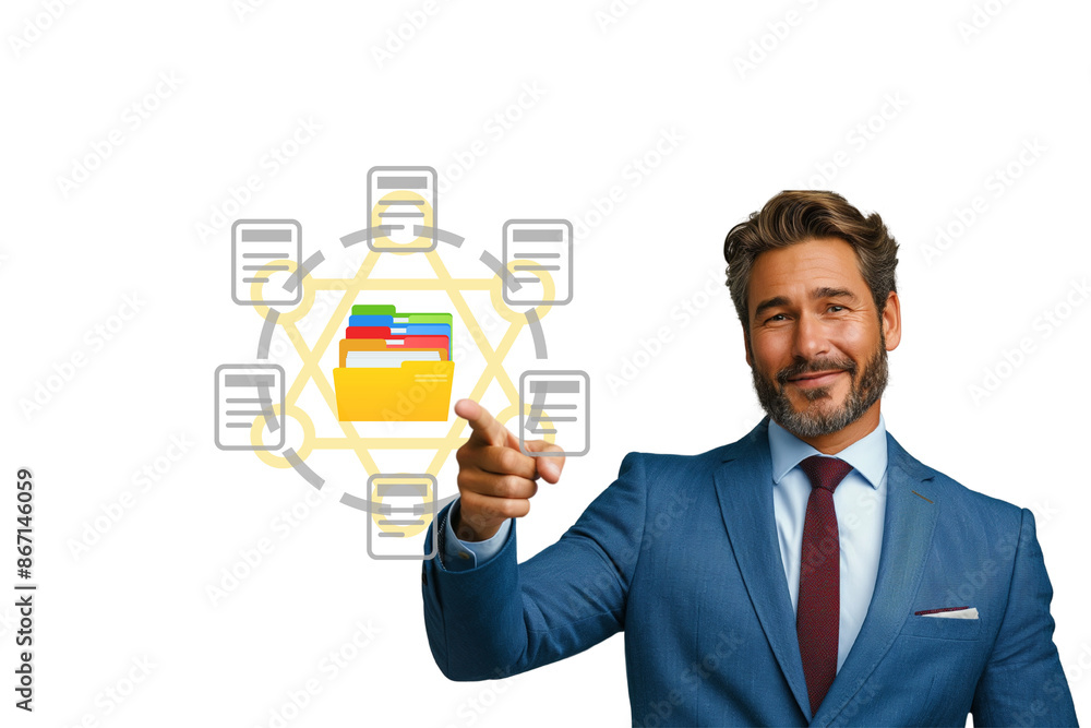 Poster A man in a suit is pointing to a screen with a lot of files on it. Concept of organization and productivity, share file data or spare save data. Generative ai illustration.