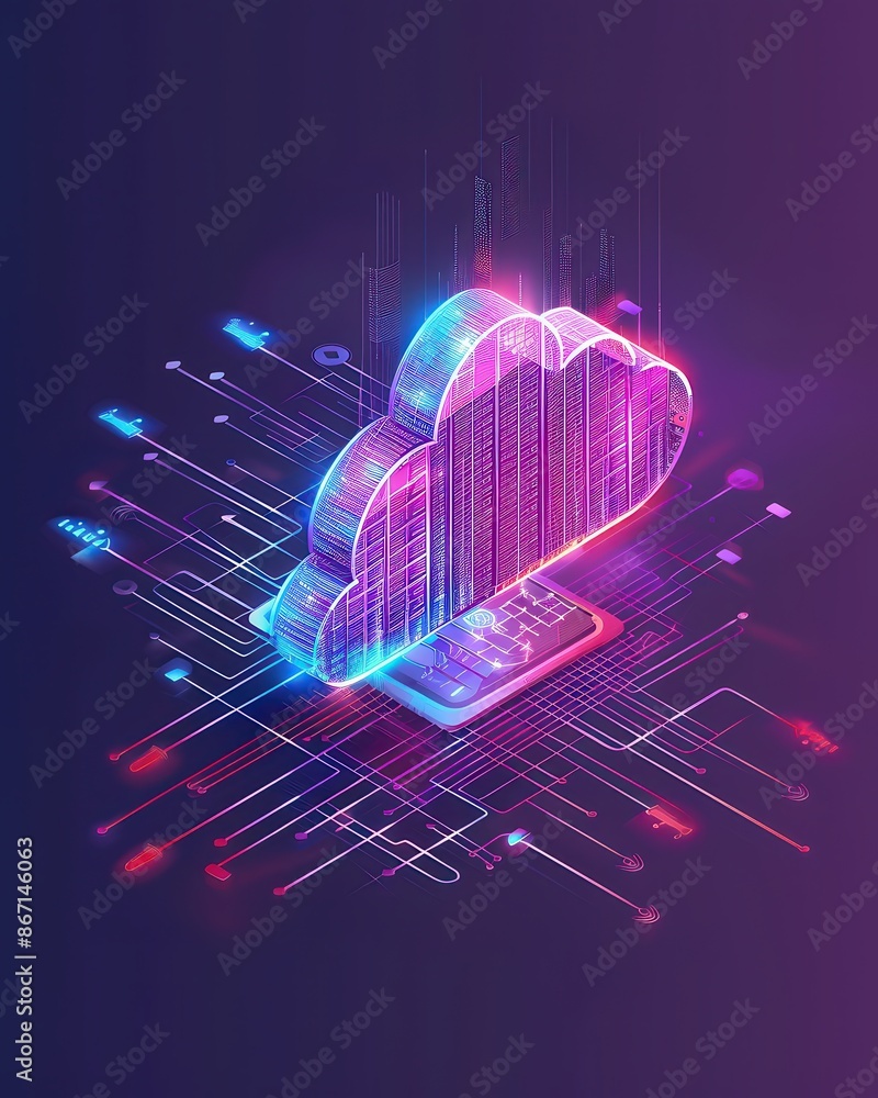 Aufkleber futuristic cloud technology concept with neon lights, representing digital data storage, connectivit