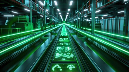 Fototapeta premium Futuristic conveyor belt with glowing green lights in a modern factory, representing advanced technology and automation.