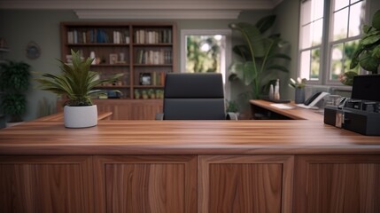 a desk with a plant on it