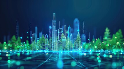 Obraz premium Futuristic cityscape with digital elements, neon lights, and skyscrapers, representing technology, innovation, and connectivity.