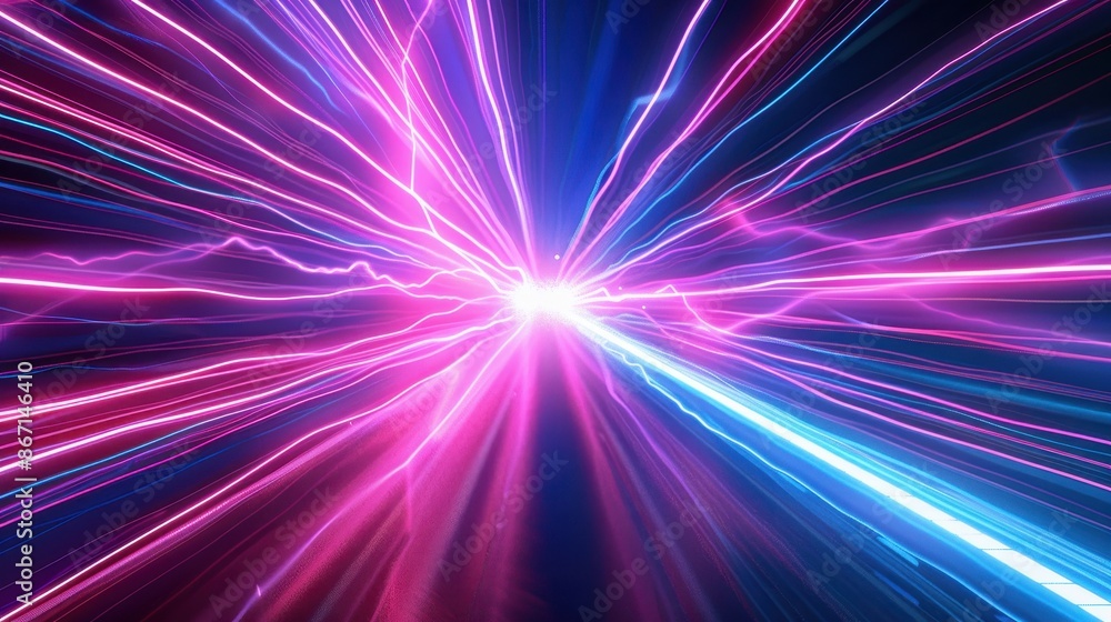 Poster dynamic abstract light beams in vibrant colors, showcasing energy and speed in a cosmic background. 