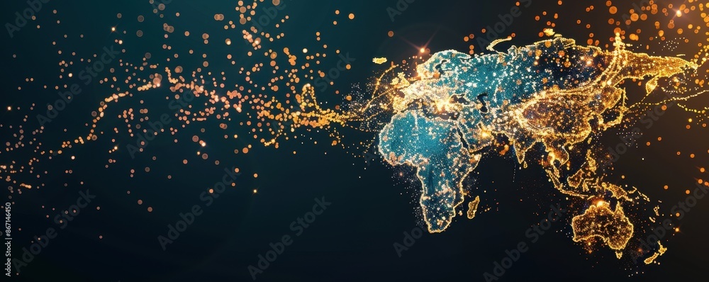 Poster Digital world map with glowing connections illustrating global network, data flow, and technology integration.