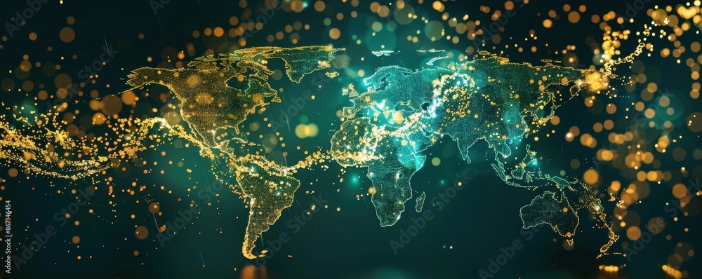 Aufkleber digital world map made of golden light points on a dark background, depicting global connections and