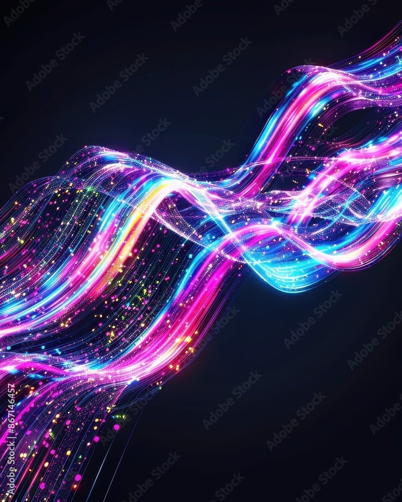 Poster dynamic colorful light trails on a dark background, representing technology, energy, and motion in a