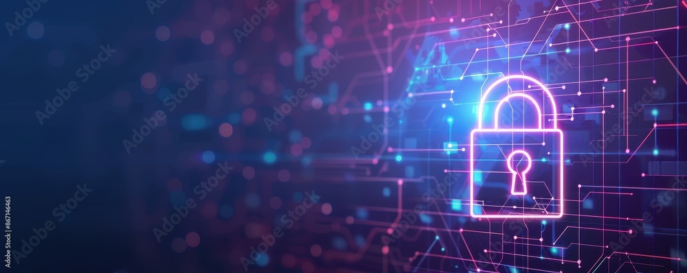 Poster digital security lock icon on a futuristic technology background, representing information protectio