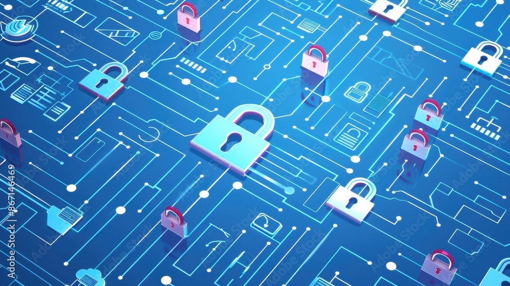 Poster Digital security concept with padlocks and circuit lines representing data protection and cybersecurity in a blue abstract background.