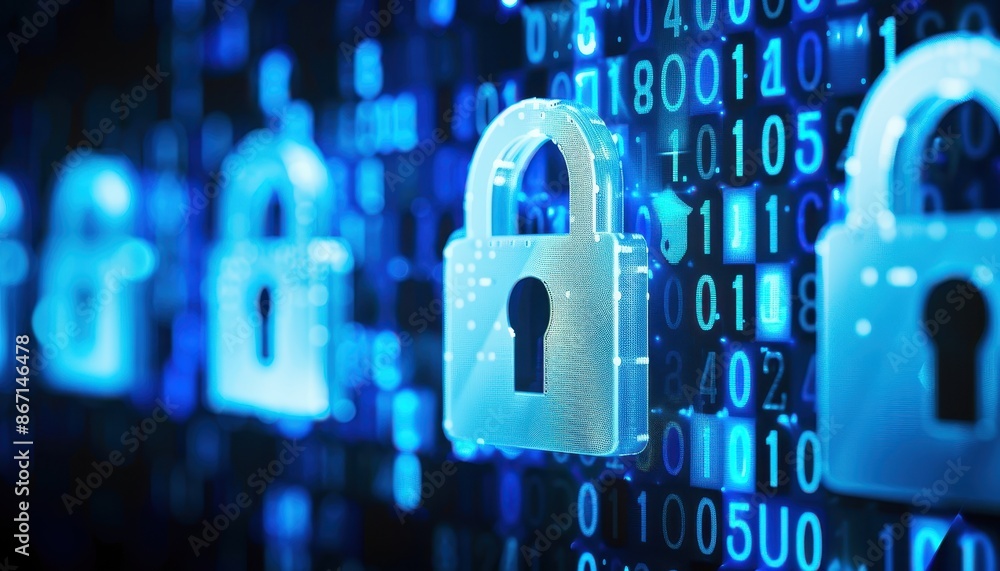 Leinwandbilder Digital security concept with padlocks and binary codes representing data protection and cybersecurity measures for keeping information safe.