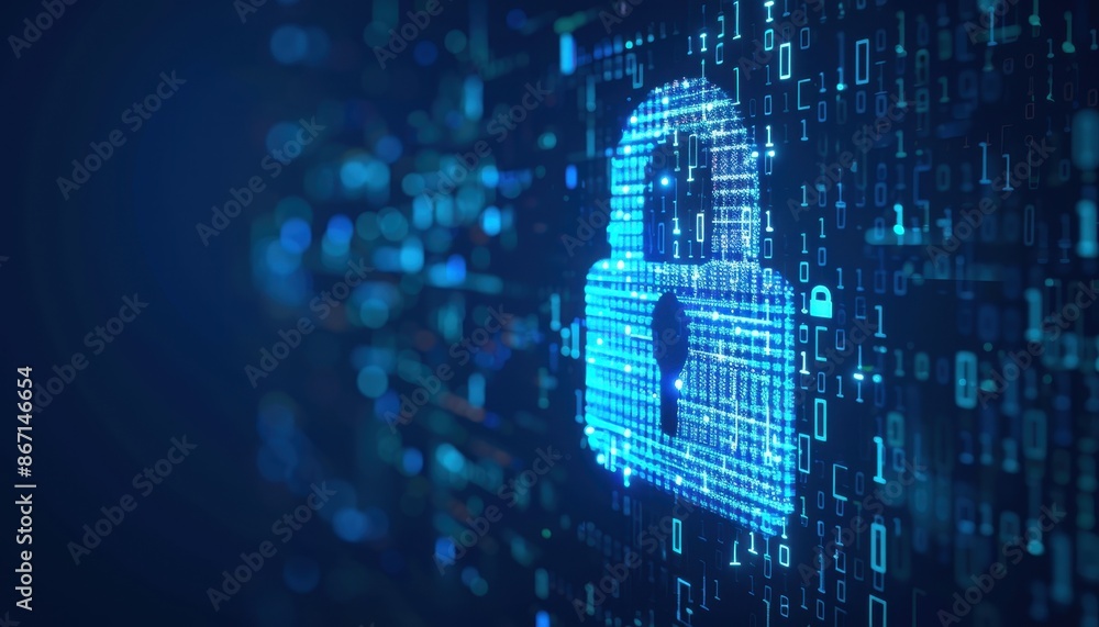 Leinwandbilder Digital padlock symbolizing secure data and online privacy in a cyber environment filled with binary code and digital information.