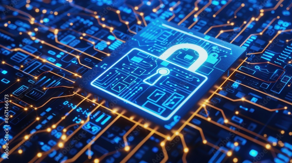Aufkleber Digital padlock on a circuit board, symbolizing cybersecurity and data protection in a technological network environment.